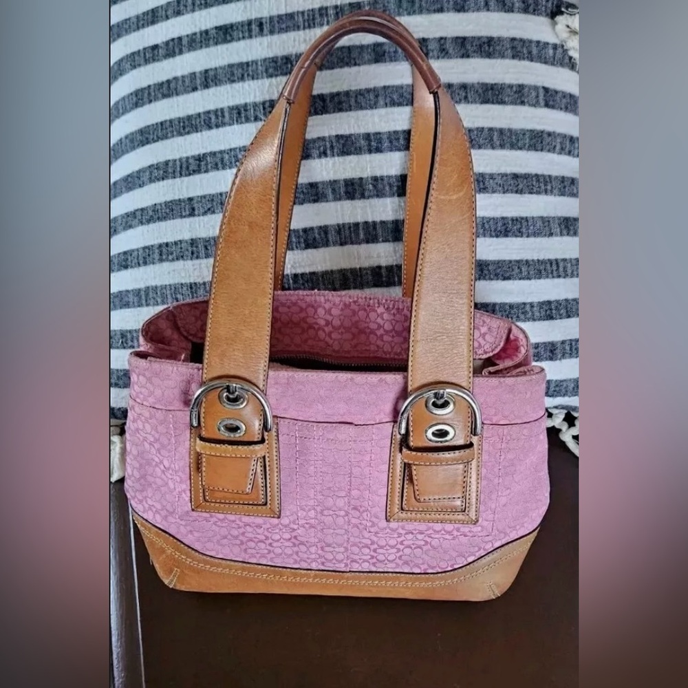 COACH Pink Satchel with Saddle Leather Trim and Handles